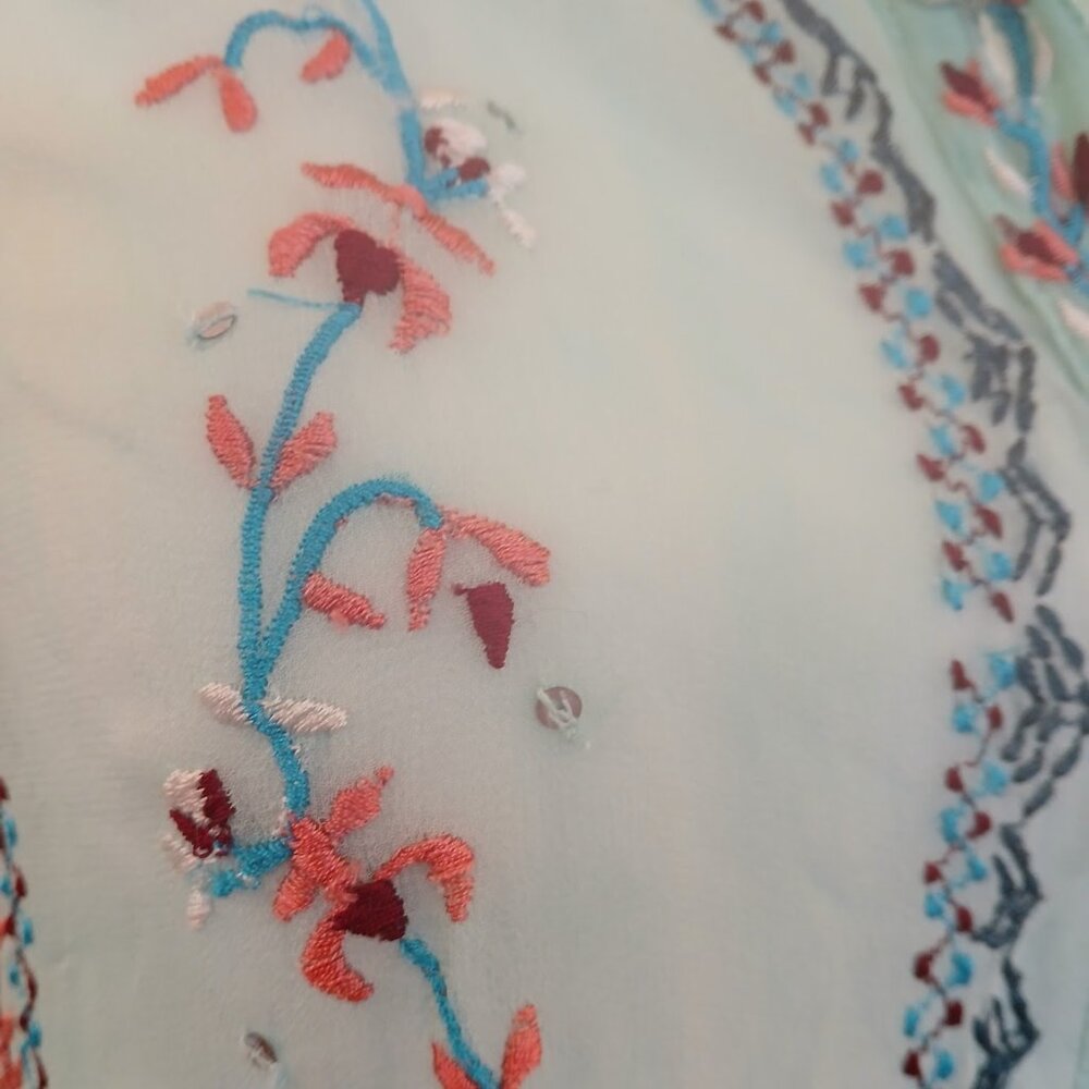 Antik Batik mint green silk top bohemian embroidered long sleeve size M - Picture 6 of 7